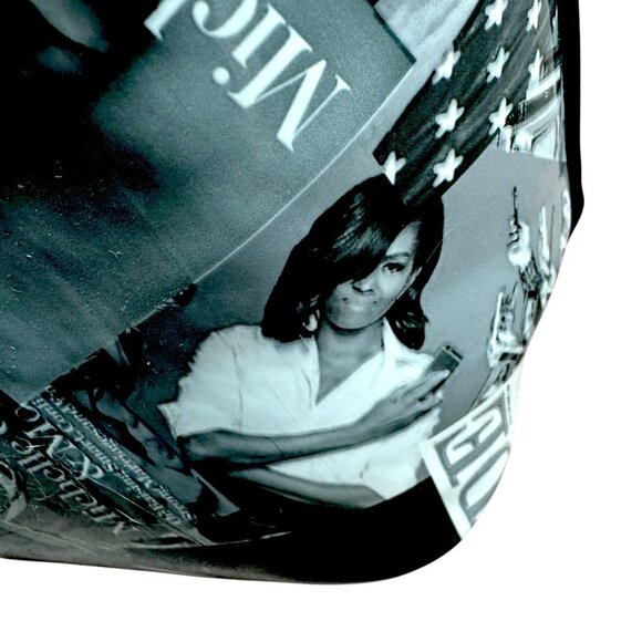 Michelle Obama Magazine Collage Handbag Purse Black Patent Handles Gold Accents - Picture 6 of 8